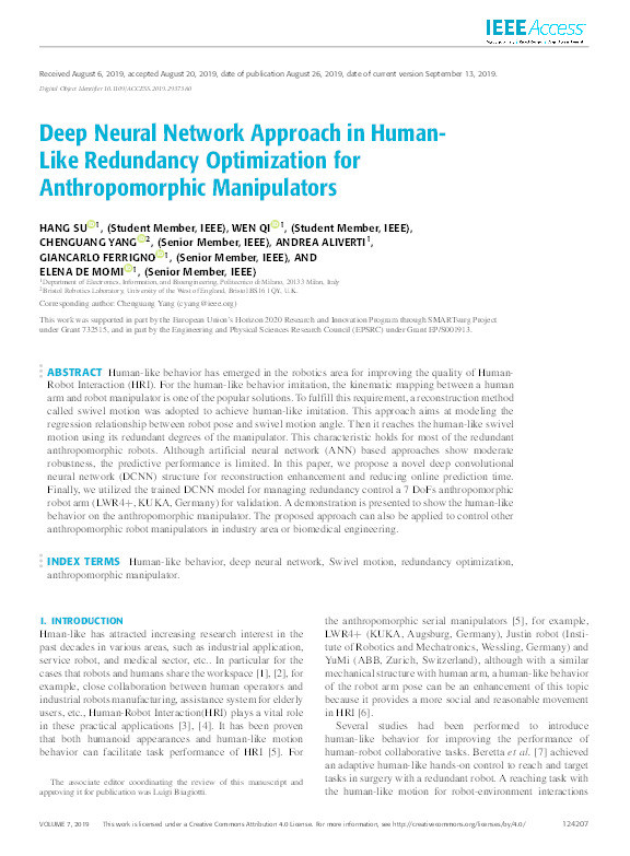 Deep neural network approach in human-like redundancy optimization for anthropomorphic manipulators Thumbnail