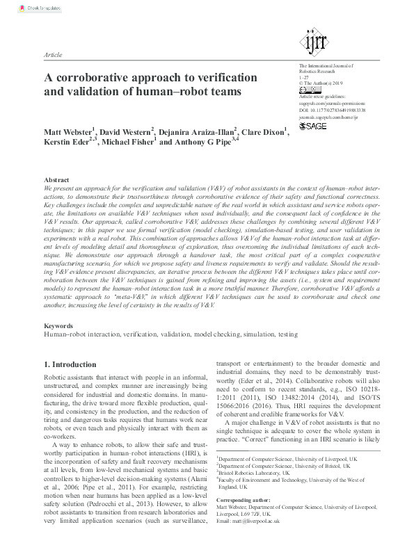 A corroborative approach to verification and validation of human–robot teams Thumbnail