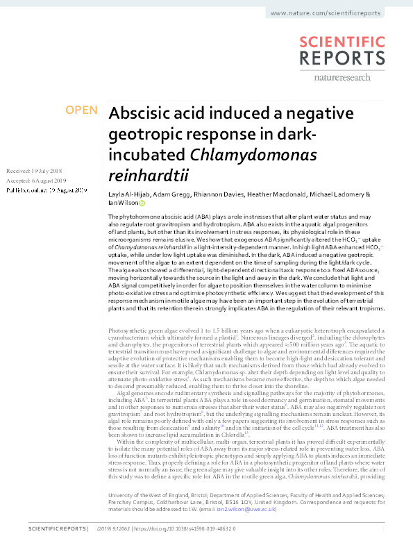 Abscisic acid induced a negative geotropic response in dark-incubated Chlamydomonas reinhardtii Thumbnail
