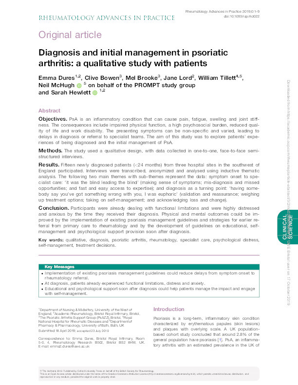 Diagnosis and initial management in psoriatic arthritis: A qualitative study with patients Thumbnail