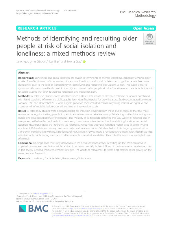 Methods of identifying and recruiting older people at risk of social isolation and loneliness: A mixed methods review Thumbnail