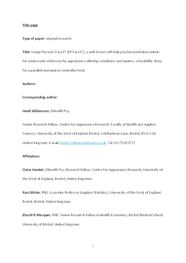 A web-based self-help psychosocial intervention for adolescents distressed by appearance-affecting conditions and injuries (Young Persons’ Face IT): Feasibility study for a parallel randomized controlled trial Thumbnail