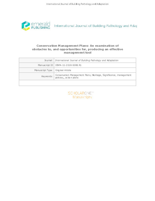 Conservation management plans: An examination of obstacles to, and opportunities for, producing an effective management tool Thumbnail