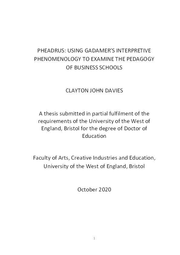PHEADRUS: Using Gadamer’s interpretive phenomenology to examine the pedagogy of business schools Thumbnail