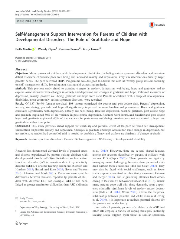 Self-management support intervention for parents of children with developmental disorders: The role of gratitude and hope Thumbnail