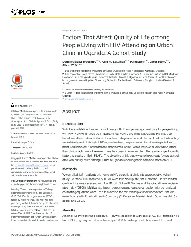 Factors that affect quality of life among people living with HIV attending an urban clinic in Uganda: A cohort study Thumbnail