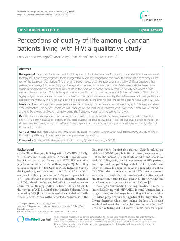 Perceptions of quality of life among Ugandan patients living with HIV: A qualitative study Thumbnail