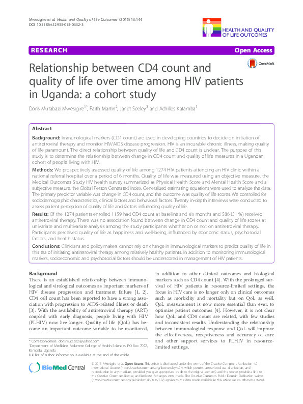 Relationship between CD4 count and quality of life over time among HIV patients in Uganda: A cohort study Thumbnail
