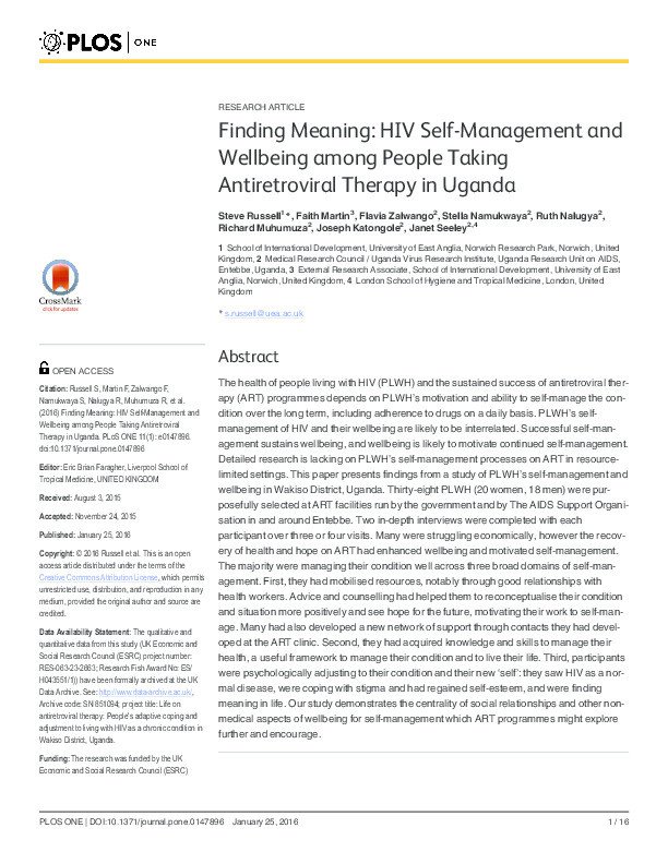 Finding meaning: HIV self-management and wellbeing among people taking antiretroviral therapy in Uganda Thumbnail
