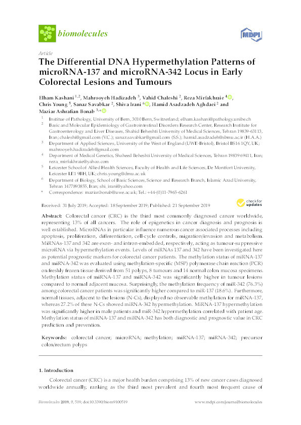 The differential DNA hypermethylation patterns of 2 microRNA-137 and microRNA-342 locus in early 3 colorectal lesions and tumours Thumbnail