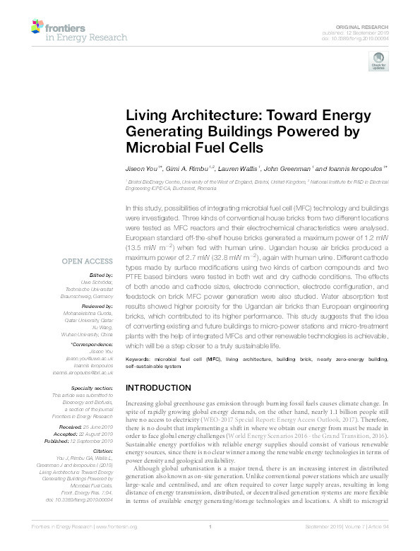 Living architecture: Toward energy generating buildings powered by microbial fuel cells Thumbnail