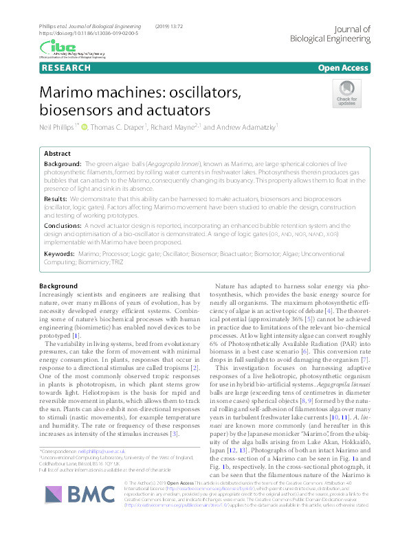 Marimo machines: Oscillators, biosensors and actuators Thumbnail