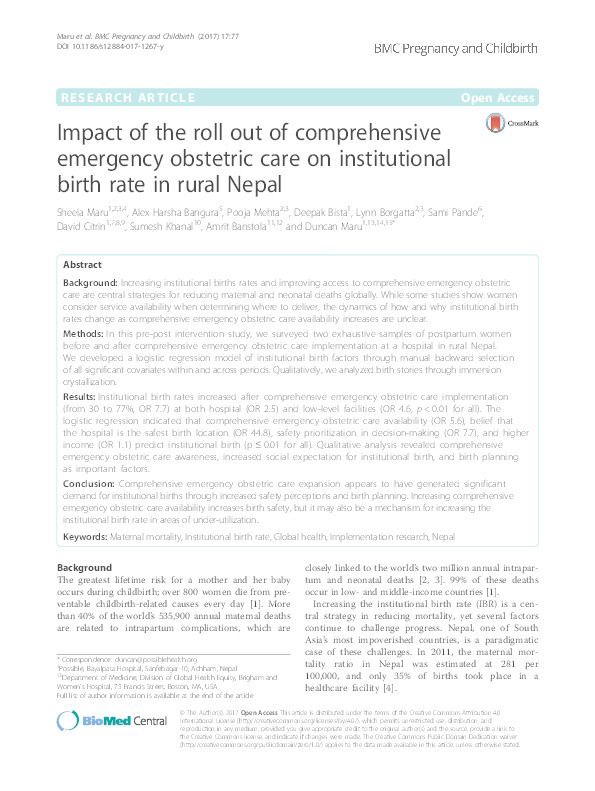 Impact of the roll out of comprehensive emergency obstetric care on institutional birth rate in rural Nepal Thumbnail