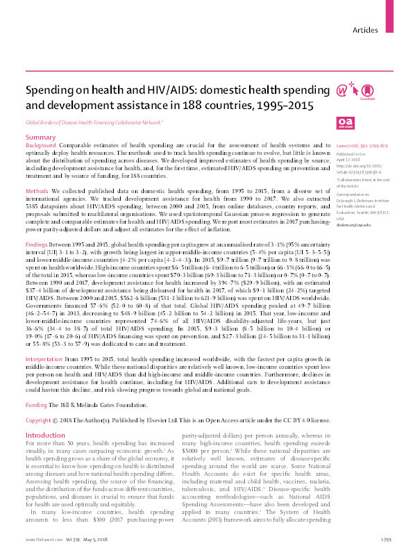 Spending on health and HIV/AIDS: Domestic health spending and development assistance in 188 countries, 1995–2015 Thumbnail