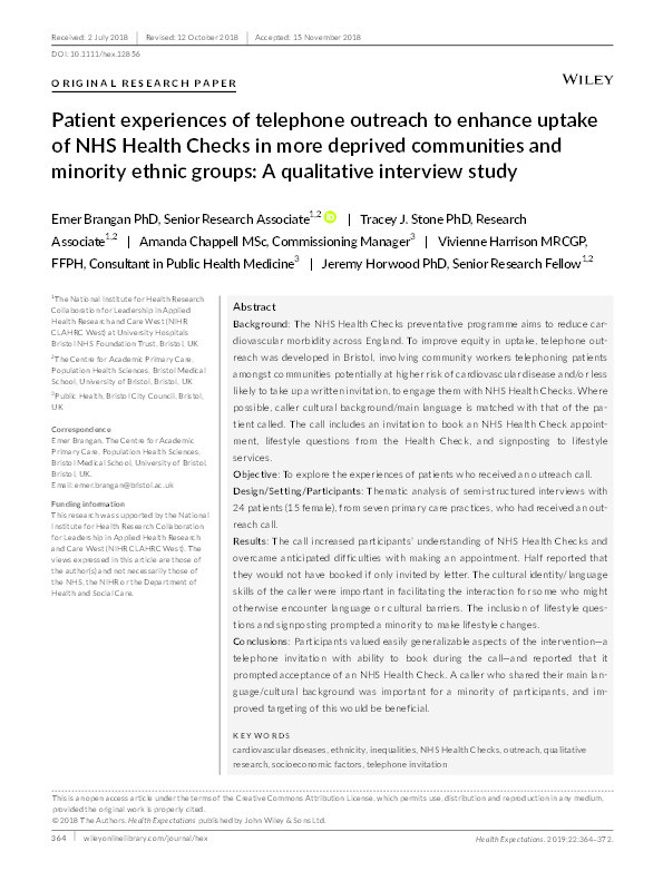 Patient experiences of telephone outreach to enhance uptake of NHS Health Checks in more deprived communities and minority ethnic groups: A qualitative interview study Thumbnail