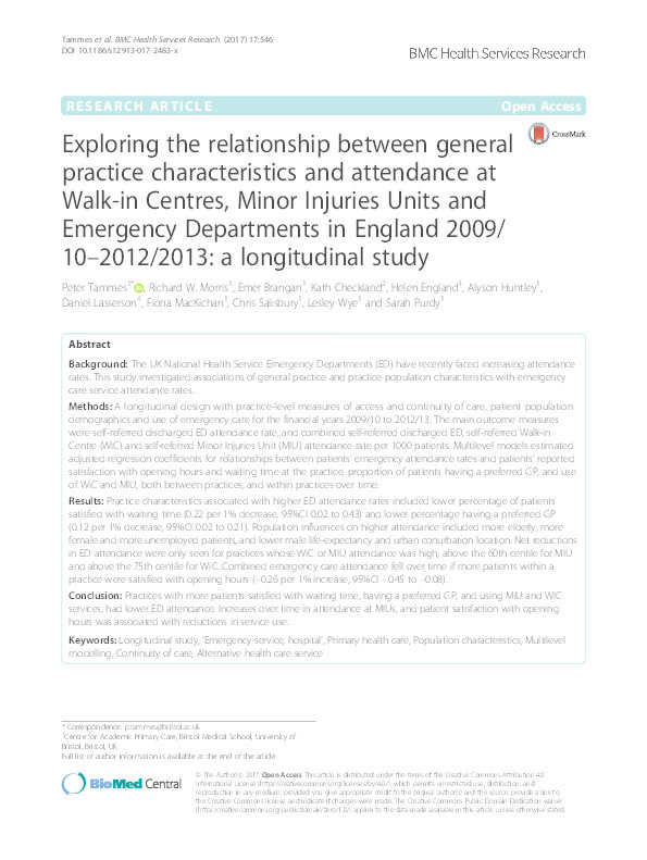 Exploring the relationship between general practice characteristics and attendance at Walk-in Centres, Minor Injuries Units and Emergency Departments in England 2009/10-2012/2013: A longitudinal study Thumbnail