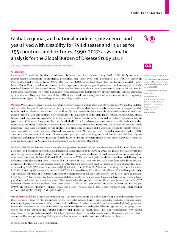 Global, regional, and national incidence, prevalence, and years lived with disability for 354 diseases and injuries for 195 countries and territories, 1990–2017: A systematic analysis for the Global Burden of Disease Study 2017 Thumbnail