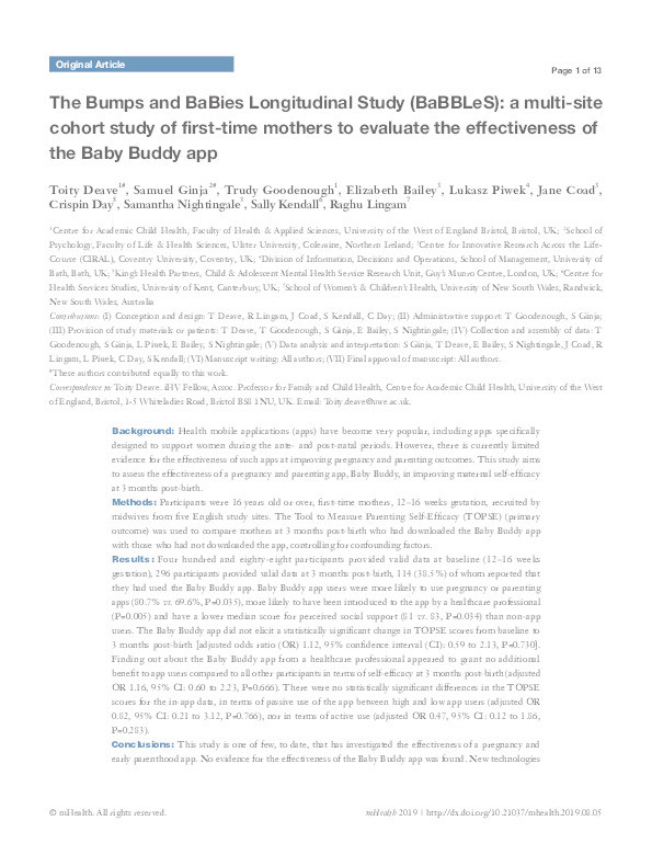 The Bumps and BaBies Longitudinal Study (BaBBLeS): A multi-site cohort study of first-time mothers to evaluate the effectiveness of the Baby Buddy app Thumbnail
