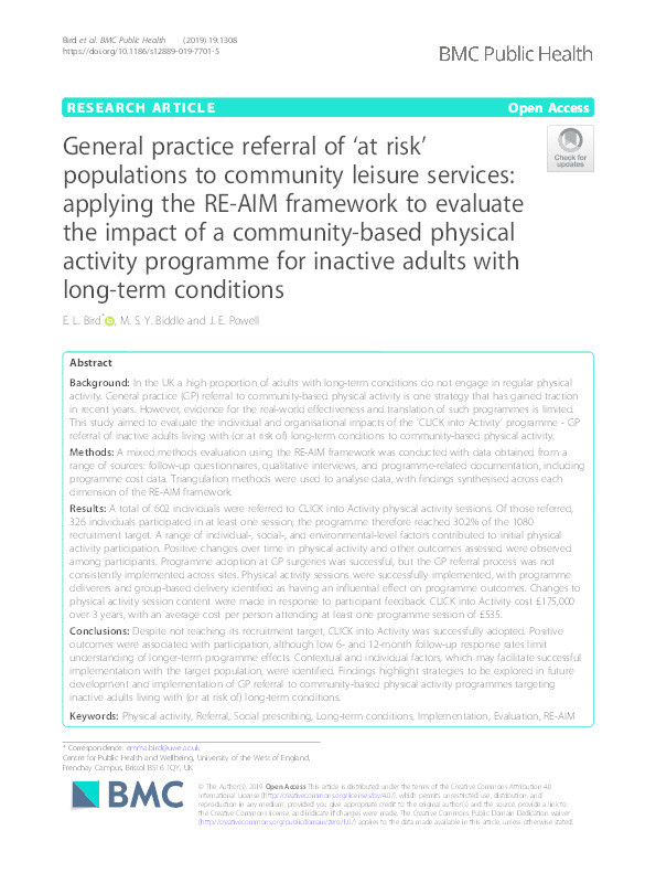 General practice referral of ‘at risk’ populations to community leisure services: Applying the RE-AIM framework to evaluate the impact of a community-based physical activity programme for inactive adults with long-term conditions Thumbnail