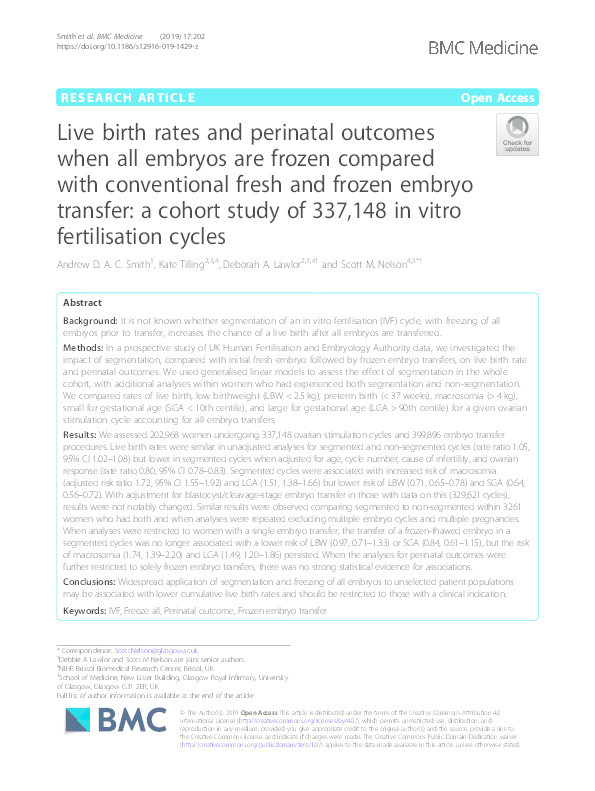 Live birth rates and perinatal outcomes when all embryos are frozen compared with conventional fresh and frozen embryo transfer: a cohort study of 337,148 in vitro fertilisation cycles Thumbnail