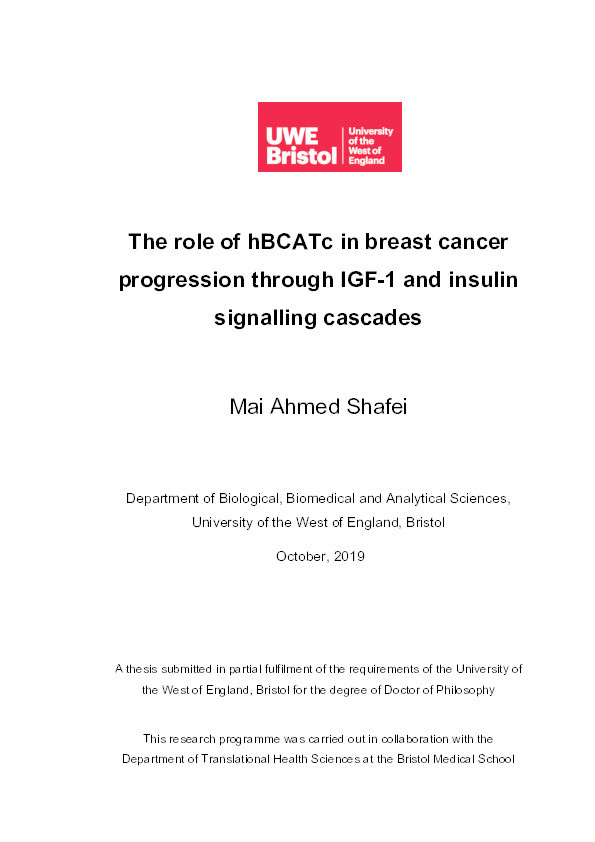 The role of hBCATc in breast cancer progression through IGF-1 and insulin signalling cascades Thumbnail