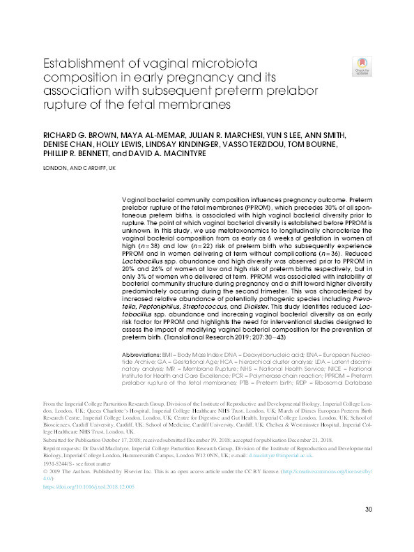Establishment of vaginal microbiota composition in early pregnancy and its association with subsequent preterm prelabor rupture of the fetal membranes Thumbnail