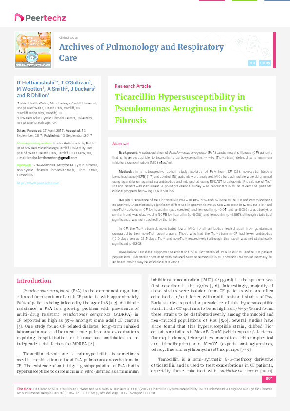 Ticarcillin hypersusceptibility in pseudomonas aeruginosa in cystic fibrosis Thumbnail