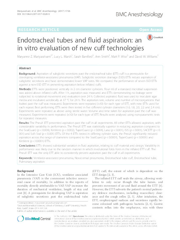 Endotracheal tubes and fluid aspiration: An in vitro evaluation of new cuff technologies Thumbnail