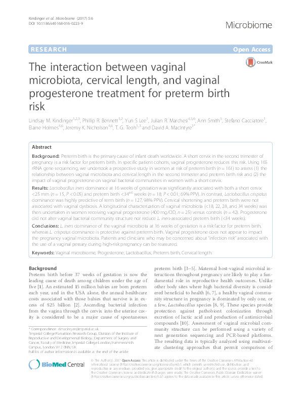 The interaction between vaginal microbiota, cervical length, and vaginal progesterone treatment for preterm birth risk Thumbnail