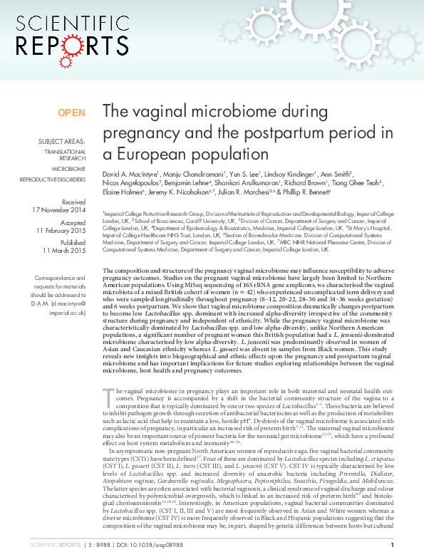 The vaginal microbiome during pregnancy and the postpartum period in a European population Thumbnail