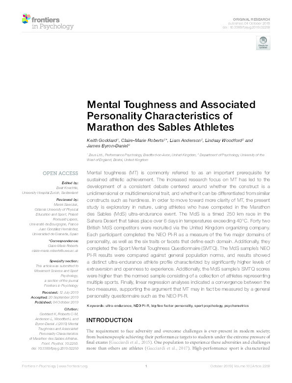 Mental Toughness and Associated Personality Characteristics of Marathon des Sables Athletes Thumbnail
