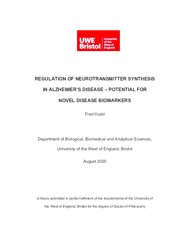 Regulation of neurotransmitter synthesis in Alzheimer's disease - Potential for novel disease biomarkers Thumbnail
