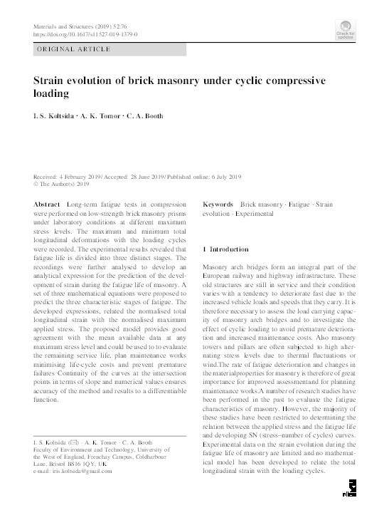 Strain evolution of brick masonry under cyclic compressive loading Thumbnail