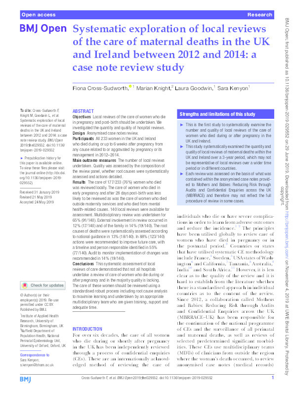 Systematic exploration of local reviews of the care of maternal deaths in the UK and Ireland between 2012 and 2014: A case note review study Thumbnail