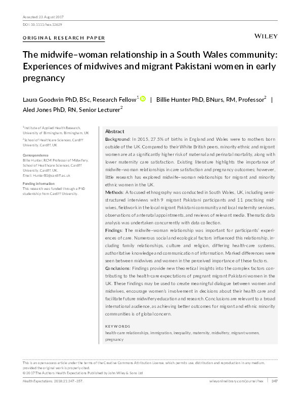 The midwife–woman relationship in a South Wales community: Experiences of midwives and migrant Pakistani women in early pregnancy Thumbnail