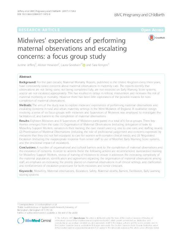 Midwives' experiences of performing maternal observations and escalating concerns: A focus group study Thumbnail