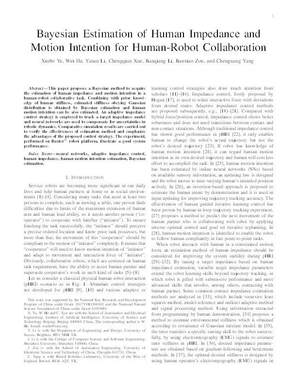 Bayesian estimation of human impedance and motion intention for human-robot collaboration Thumbnail