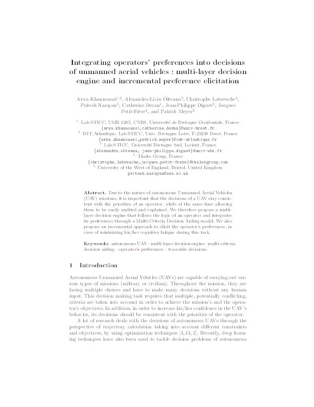 Integrating operators’ preferences into decisions of unmanned aerial vehicles: Multi-layer decision engine and incremental preference elicitation Thumbnail