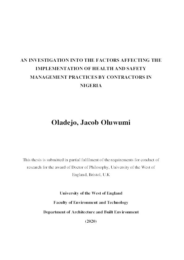 An investigation in the factors affecting the implementation of health and safety management practices by contractors in Nigeria Thumbnail