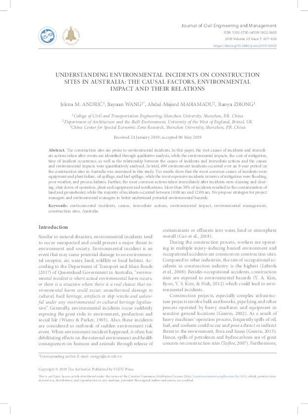 Understanding environmental incidents on construction sites in Australia: The causal factors, environmental impact and their relations Thumbnail