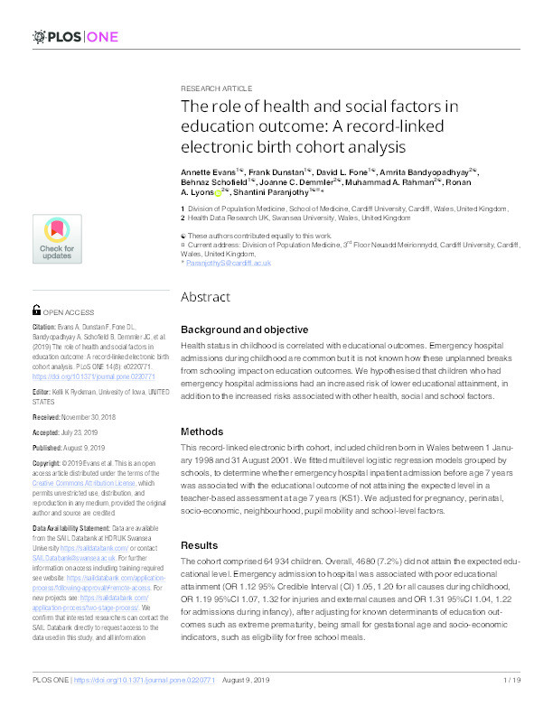 The role of health and social factors in education outcome: A record-linked electronic birth cohort analysis Thumbnail