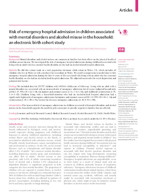 Risk of emergency hospital admission in children associated with mental disorders and alcohol misuse in the household: an electronic birth cohort study Thumbnail