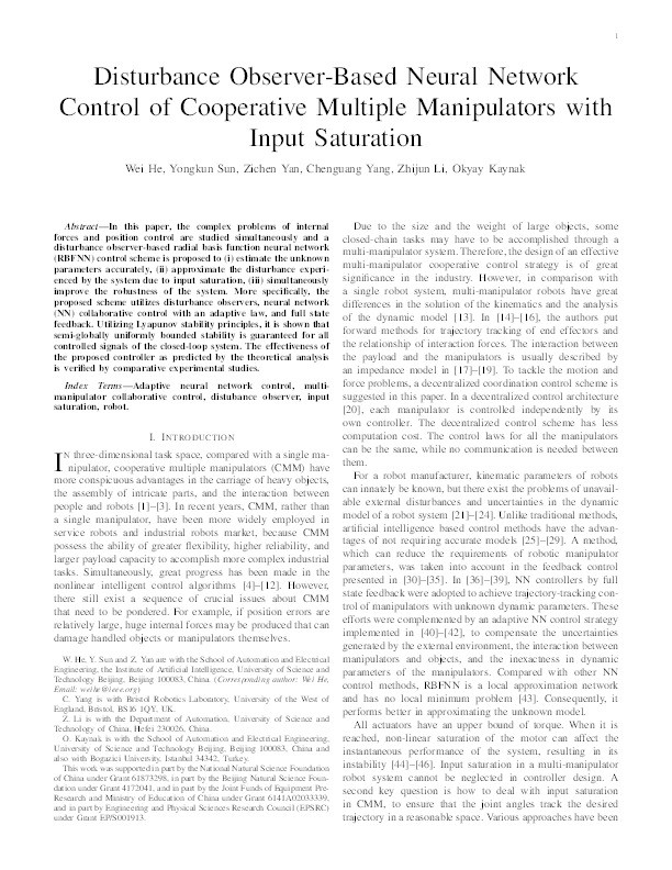 Disturbance observer-based neural network control of cooperative multiple manipulators with input saturation Thumbnail