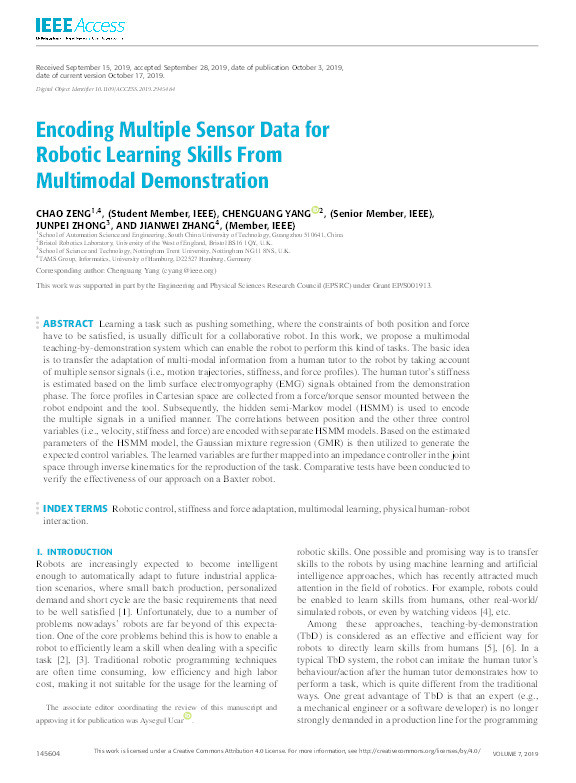 Encoding Multiple Sensor Data for Robotic Learning Skills from Multimodal Demonstration Thumbnail