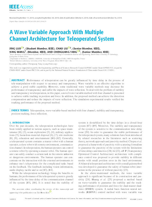 A Wave Variable Approach with Multiple Channel Architecture for Teleoperated System Thumbnail