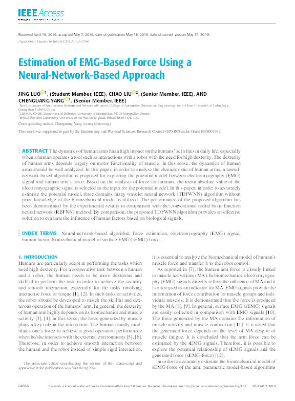 Estimation of EMG-Based force using a neural-network-based approach Thumbnail