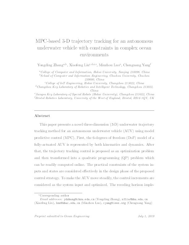 MPC-based 3-D trajectory tracking for an autonomous underwater vehicle with constraints in complex ocean environments Thumbnail