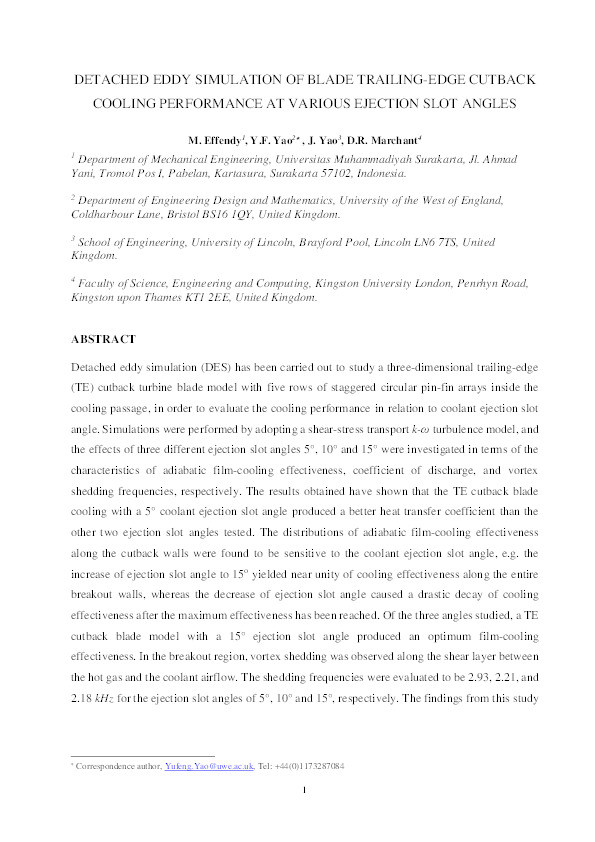 Detached eddy simulation of blade trailing-edge cutback cooling performance at various ejection slot angles Thumbnail