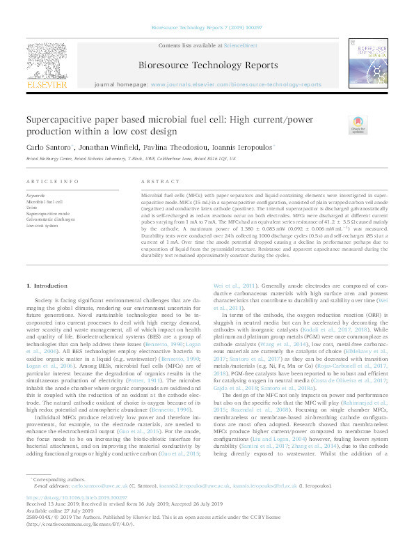 Supercapacitive paper based microbial fuel cell: High current/power production within a low cost design Thumbnail