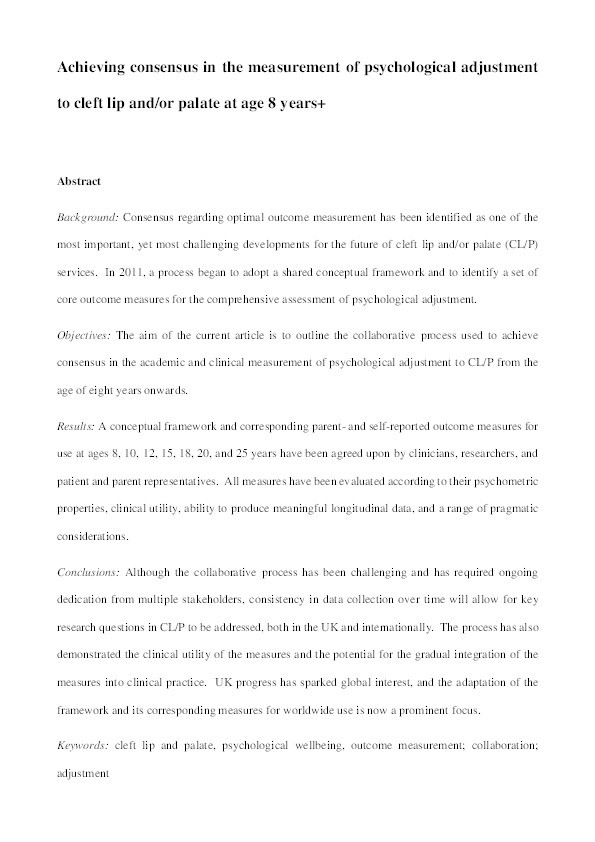 Achieving consensus in the measurement of psychological adjustment to cleft lip and/or palate at age 8 years+ Thumbnail